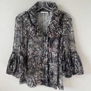 WHIM Paisley Semi Sheer Lace Bell Sleeve Shawl Collar Blouse Womens Small B-1183